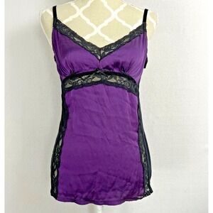 Vintage Y2K Silk Babydoll Cami Purple Black Lace Size M Sexy Coquette Whimsygoth